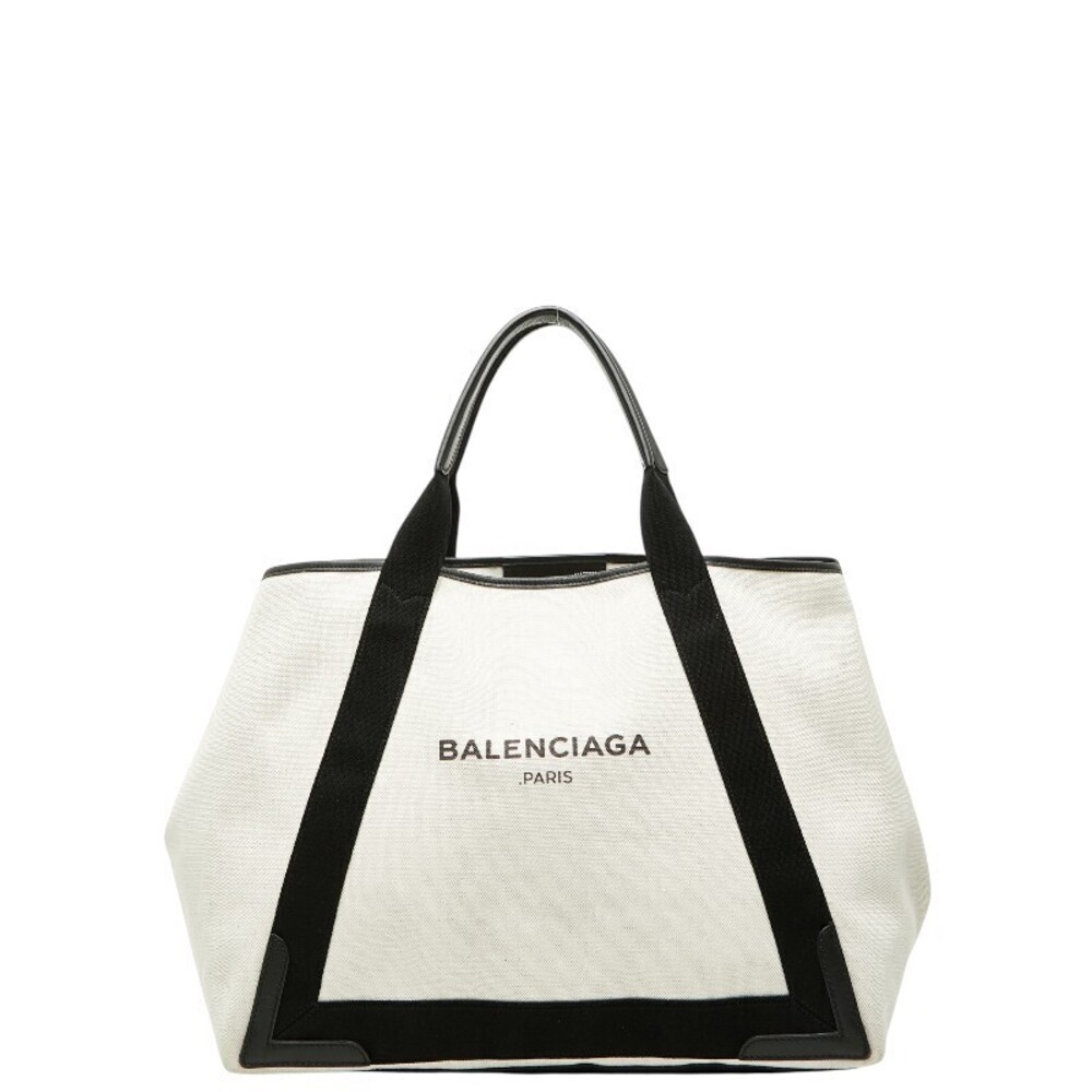 Balenciaga Navy Blue Cabas Handbag Tote Bag White Black Canvas Leather